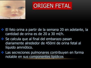 ORIGEN FETAL
 El feto orina a partir de la semana 20 en adelante, la
cantidad de orina es de 20 a 30 ml/h.
 Se calcula que al final del embarazo pasan
diariamente alrededor de 450ml de orina fetal al
líquido amniótico.
 Las secreciones pulmonares contribuyen en forma
notable en sus componentes lipídicos
 