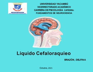 Liquido Cefaloraquieo
UNIVERSIDAD YACAMBÚ
VICERRECTORADO ACADÉMICO
CARRERA DEPSICOLOGÍA CATEDRA:
FUNDAMENTOS DE NEUROCIENCIA
BRAZÓN, DELFINA
Octubre, 2021
 