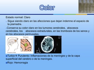 Color
Estado normal: Claro
o Sigue siendo claro en las afecciones que dejan indemne el espacio de
  la piamadre.
oConserva su color claro en los tumores cerebrales, abscesos
cerebrales, los abscesos extradurales, en las trombosis de los senos y
en los abscesos perinusales.




Turbio    Purulento: Inflamaciones de la meninges y de la capa
superficial del cerebro o de la meninges.
Rojo: Hemorragia
 