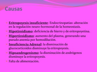 Causas

 Eritropoyesis insuficiente: Endocrinopatías: alteración
    en la regulación neuro-hormonal de la homeostasis.
   Hipotiroidismo: deficiencia de hierro y de eritropoyetina.
   Hipertiroidismo: aumento del plasma, generando una
    pseudo anemia por hemodilución.
   Insuficiencia Adrenal: la disminución de
    glucocorticoides disminuye la eritropoyesis.
   Hipoandrogenismo: la disminución de andrógenos
    disminuye la eritropoyesis.
   Falta de alimentación.
 