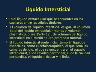 Liquido Intersticial
• Es el líquido extracelular que se encuentra en los
capilares entre las células titulares.
• El volumen del liquido intersticial es igual al volumen
total del liquido extracelular menos el volumen
plasmático, o sea 15-3= 12 L de volumen del liquido
intersticial en el varón adulto promedio normal.
• El liquido intersticial suele incluir también líquidos
especiales, como el cefalorraquídeo, el que llena las
cámaras del ojo, el que se encuentra en el espacio
intrapleural, el de cavidad peritoneal, el de la cavidad
pericárdica, el liquido articular y la linfa.
 