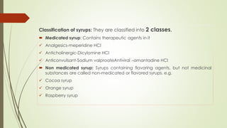 Classification of syrups: They are classified into 2 classes,
 Medicated syrup: Contains therapeutic agents in it
 Analgesics-meperidine HCI
 Anticholinergic-Dicylomine HCI
 Anticonvulsant-Sodium valproateAntiviral –amantadine HCI
 Non medicated syrup: Syrups containing flavoring agents, but not medicinal
substances are called non-medicated or flavored syrups. e.g.
 Cocoa syrup
 Orange syrup
 Raspberry syrup
 