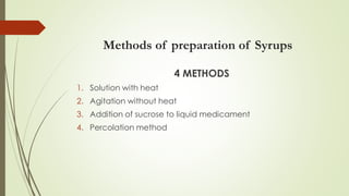 Methods of preparation of Syrups
4 METHODS
1. Solution with heat
2. Agitation without heat
3. Addition of sucrose to liquid medicament
4. Percolation method
 