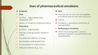 Uses of pharmaceutical emulsions
 Systemic
 Oral
 Nutrition - triglycerides (e.g.
vegetable oils)
 Means of masking unpleasant flavor
 Parenteral
 Nutrition - triglycerides
 Delivery of drugs poorly soluble in
water
 Site-directed delivery of drugs
 Necessarily small droplet size,
 Comparable to chylomicrons
 Delayed-release (e.g. i.m.)
 Skin
 May be o/w or w/o can be Applied
or rubbed and as they are Viscous in
 nature.
 Emolliency, greasiness enhances its
acceptability.
 Radiopaque emulsions
 Which have long been used as
contrast media in conventional X-ray
examinations.
 