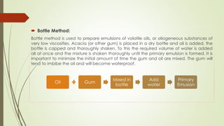  Bottle Method:
Bottle method is used to prepare emulsions of volatile oils, or oliogeneous substances of
very low viscosities. Acacia (or other gum) is placed in a dry bottle and oil is added, the
bottle is capped and thoroughly shaken. To this the required volume of water is added
all at once and the mixture is shaken thoroughly until the primary emulsion is formed. It is
important to minimize the initial amount of time the gum and oil are mixed. The gum will
tend to imbibe the oil and will become waterproof.
Oil Gum
Mixed in
bottle
Add
water
Primary
Emusion
 