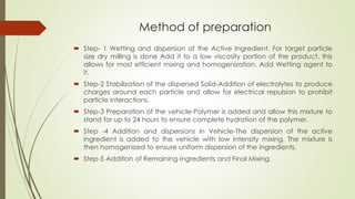 Method of preparation
 Step- 1 Wetting and dispersion of the Active Ingredient. For target particle
size dry milling is done Add it to a low viscosity portion of the product, this
allows for most efficient mixing and homogenization. Add Wetting agent to
it.
 Step-2 Stabilization of the dispersed Solid-Addition of electrolytes to produce
charges around each particle and allow for electrical repulsion to prohibit
particle interactions.
 Step-3 Preparation of the vehicle-Polymer is added and allow this mixture to
stand for up to 24 hours to ensure complete hydration of the polymer.
 Step -4 Addition and dispersions in Vehicle-The dispersion of the active
ingredient is added to the vehicle with low intensity mixing. The mixture is
then homogenized to ensure uniform dispersion of the ingredients.
 Step-5 Addition of Remaining Ingredients and Final Mixing.
 