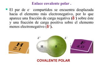 Enlace covalente polar .
 El par de e–
compartidos se encuentra desplazada
hacia el elemento más electronegativo, por lo que
aparece una fracción de carga negativa (δ–
) sobre éste
y una fracción de carga positiva sobre el elemento
menos electronegativo (δ+
).
COVALENTE POLAR
 