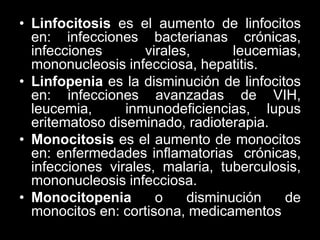 • Linfocitosis es el aumento de linfocitos
en: infecciones bacterianas crónicas,
infecciones
virales,
leucemias,
mononucleosis infecciosa, hepatitis.
• Linfopenia es la disminución de linfocitos
en: infecciones avanzadas de VIH,
leucemia,
inmunodeficiencias, lupus
eritematoso diseminado, radioterapia.
• Monocitosis es el aumento de monocitos
en: enfermedades inflamatorias crónicas,
infecciones virales, malaria, tuberculosis,
mononucleosis infecciosa.
• Monocitopenia
o
disminución
de
monocitos en: cortisona, medicamentos

 
