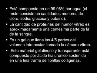  Está compuesto en un 99.98% por agua (el
resto consiste en cantidades menores de
cloro, sodio, glucosa y potasio).
 La cantidad de proteínas del humor vítreo es
aproximadamente una centésima parte de la
de la sangre.
 Es un gel que llena las 4/5 partes del
volumen intraocular llamada la cámara vítrea.
 Este material gelatinoso y transparente está
compuesto por ácido hialurónico sostenido
en una fina trama de fibrillas colágenas.

 