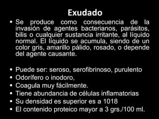 Exudado
 Se produce como consecuencia de la
invasión de agentes bacterianos, parásitos,
bilis o cualquier sustancia irritante, al líquido
normal. El líquido se acumula, siendo de un
color gris, amarillo pálido, rosado, o depende
del agente causante.








Puede ser: seroso, serofibrinoso, purulento
Odorífero o inodoro,
Coagula muy fácilmente.
Tiene abundancia de células inflamatorias
Su densidad es superior es a 1018
El contenido proteico mayor a 3 grs./100 ml.

 