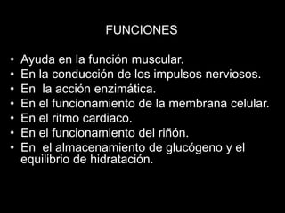 FUNCIONES
•
•
•
•
•
•
•

Ayuda en la función muscular.
En la conducción de los impulsos nerviosos.
En la acción enzimática.
En el funcionamiento de la membrana celular.
En el ritmo cardiaco.
En el funcionamiento del riñón.
En el almacenamiento de glucógeno y el
equilibrio de hidratación.

 