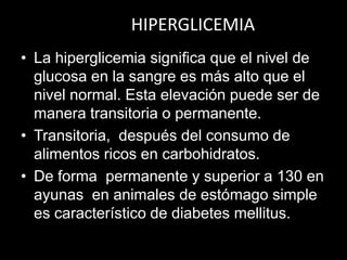 HIPERGLICEMIA
• La hiperglicemia significa que el nivel de
glucosa en la sangre es más alto que el
nivel normal. Esta elevación puede ser de
manera transitoria o permanente.
• Transitoria, después del consumo de
alimentos ricos en carbohidratos.
• De forma permanente y superior a 130 en
ayunas en animales de estómago simple
es característico de diabetes mellitus.

 
