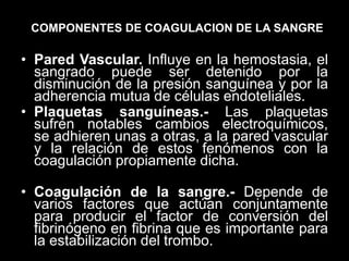 COMPONENTES DE COAGULACION DE LA SANGRE

• Pared Vascular. Influye en la hemostasia, el
sangrado puede ser detenido por la
disminución de la presión sanguínea y por la
adherencia mutua de células endoteliales.
• Plaquetas sanguíneas.- Las plaquetas
sufren notables cambios electroquímicos,
se adhieren unas a otras, a la pared vascular
y la relación de estos fenómenos con la
coagulación propiamente dicha.
• Coagulación de la sangre.- Depende de
varios factores que actúan conjuntamente
para producir el factor de conversión del
fibrinógeno en fibrina que es importante para
la estabilización del trombo.

 