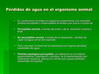 Pérdidas de agua en el organismo animal   En condiciones normales el organismo experimenta una inevitable pérdida perceptible e imperceptible de fluidos que ocurre a través de  Perceptible normal,  a través del sudor y de la  excreción urinaria y fecal  No perceptible normal,  a través de la respiración,  pérdida de vapor de agua con el aire expirado. Piel y mucosa: A través de la evaporación se originan pérdidas insensibles de agua. Pérdida patológica perceptible,  por alteración en el sistema gastrointestinal, respiratorio y excretor, en la deshidratación por sudoración excesiva, diarrea y/o vómito que causan pérdidas adicionales de líquidos  
