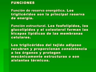 FUNCIONES Función de reserva energética.  Los triglicéridos son la principal reserva de energía.  Función estructural.  Los fosfolípidos, los glucolípidos y el colesterol forman las bicapas lipídicas de las membranas celulares.  Los triglicéridos del tejido adiposo recubren y proporcionan consistencia a los órganos y protegen mecánicamente estructuras o son aislantes térmicos.  