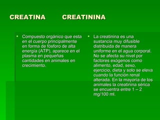 CREATINA  CREATININA Compuesto orgánico que esta en el cuerpo principalmente en forma de fósforo de alta energía (ATP), aparece en el plasma en pequeñas cantidades en animales en crecimiento. La creatinina es una sustancia muy difusible distribuida de manera uniforme en el agua corporal. No se afecta su nivel por factores exógenos como alimento, edad, sexo, ejercicio, dieta y solo se eleva cuando la función renal alterada. En la mayoría de los animales la creatinina sérica se encuentra entre 1 – 2 mg/100 ml.  