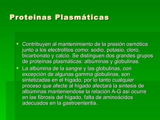 Proteinas Plasmáticas Contribuyen al mantenimiento de la presión osmótica junto a los electrolitos como: sodio, potasio, cloro, bicarbonato y calcio. Se distinguen dos grandes grupos de proteínas plasmáticas: albúminas y globulinas. La albúmina de la sangre y las globulinas, con excepción de algunas gamma globulinas, son sintetizadas en el hígado, por lo tanto cualquier proceso que afecte al hígado afectará la sintesis de albúminas manteniendose la relación A-G así ocurre en las fibrosis del hígado, falta de aminoácidos adecuados en la gastroenteritis. 