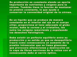 Su producción es constante siendo un aporte importante de nutrientes y oxígeno para la córnea. También tiene la función de mantener su presión constante, lo que ayuda a conservar la convexidad original de la córnea.  Es un liquido que se produce de manera constante en el interior del ojo en el cuerpo ciliar, proporciona el tono adecuado al globo ocular, baña la cornea y el cristalino, los nutre los oxigena removiendo y expulsando los desechos fisiológicos. Debe existir un perfecto equilibrio entre su producción y su salida ya que su desequilibrio traerá como consecuencia un aumento de la presión intraocular que se llama glaucoma que provocara alteraciones y destrucción en la capa de fibras nerviosas de la retina con el consecuente daño al nervio óptico.  