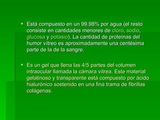 Está compuesto en un 99.98% por agua (el resto consiste en cantidades menores de  cloro ,  sodio ,  glucosa  y  potasio ). La cantidad de proteínas del humor vítreo es aproximadamente una centésima parte de la de la sangre. Es un gel que llena las 4/5 partes del volumen intraocular llamada la cámara vítrea. Este material gelatinoso y transparente está compuesto por ácido hialurónico sostenido en una fina trama de fibrillas colágenas.  