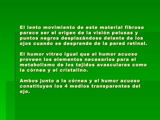 El lento movimiento de este material fibroso parece ser el origen de la visión pelusas y puntos negros desplazándose delante de los ojos cuando se desprende de la pared retinal.  El humor vítreo igual que el humor acuoso proveen los elementos necesarios para el metabolismo de los tejidos avasculares como la córnea y el cristalino.  Ambos junto a la córnea y el humor acuoso constituyen los 4 medios transparentes del ojo. 