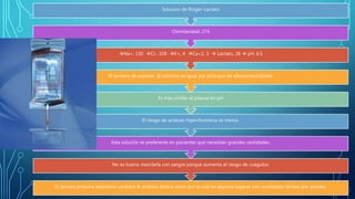EL lactato produce depresión cardiaca & acidosis láctica razón por la cual en algunos lugares han sustituidos lactato por acetato.
No es bueno mezclarla con sangre porque aumenta el riesgo de coagulos.
Esta solución es preferente en pacientes que necesitan grandes cantidades.
El riesgo de acidosis hipercloremica es menor.
Es mas similar al plasma en pH
El numero de aniones & cationes es igual por principio de electroneutralidad.
Na+, 130 Cl-, 109 K+, 4 Ca+2, 3  Lactato, 28  pH, 6.5
Osmolaridad: 274
Solucion de Ringer-Lactato
 