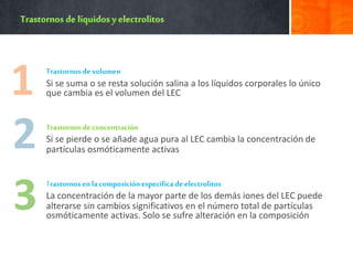 Trastornos devolumen
Si se suma o se resta solución salina a los líquidos corporales lo único
que cambia es el volumen del LEC
Trastornos deconcentración
Si se pierde o se añade agua pura al LEC cambia la concentración de
partículas osmóticamente activas
Trastornos enlacomposiciónespecífica de electrolitos
La concentración de la mayor parte de los demás iones del LEC puede
alterarse sin cambios significativos en el número total de partículas
osmóticamente activas. Solo se sufre alteración en la composición
 
