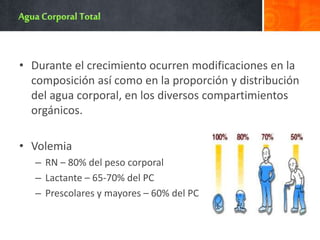 • Durante el crecimiento ocurren modificaciones en la
composición así como en la proporción y distribución
del agua corporal, en los diversos compartimientos
orgánicos.
• Volemia
– RN – 80% del peso corporal
– Lactante – 65-70% del PC
– Prescolares y mayores – 60% del PC
 