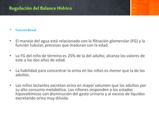 • FunciónRenal
• El manejo del agua está relacionado con la ﬁltración glomerular (FG) y la
función tubular, procesos que maduran con la edad.
• La FG del niño de término es 25% de la del adulto; alcanza los valores de
este a los dos años de edad.
• La habilidad para concentrar la orina en los niños es menor que la de los
adultos.
• Los niños lactantes excretan orina en mayor volumen que los adultos por
su alto consumo metabólico. Los riñones responden a los estados
hipovolémicos con disminución del gasto urinario y al exceso de líquidos
excretando orina muy diluida.
 