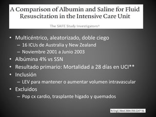 • Multicéntrico, aleatorizado, doble ciego
– 16 ICUs de Australia y New Zealand
– Noviembre 2001 a Junio 2003
• Albúmina 4% vs SSN
• Resultado primario: Mortalidad a 28 días en UCI**
• Inclusión
– LEV para mantener o aumentar volumen intravascular
• Excluidos
– Pop cx cardio, trasplante higado y quemados
 