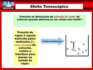 Efeito Tonoscópico

   Consiste na diminuição da pressão de vapor do
 solvente quando adiciona-se um soluto não-volátil !




  Pressão de
vapor é aquela
exercida pelas
 moléculas (de       interface líquido/vapor

maior energia) do
   solvente,
    contra a
                                               Pvapor

interface para
   passar ao
  estado de
     vapor.
 