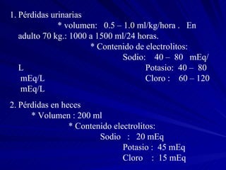 Pérdidas urinarias  * volumen:  0.5 – 1.0 ml/kg/hora .  En adulto 70 kg.: 1000 a 1500 ml/24 horas.  * Contenido de electrolitos:  Sodio:  40 –  80  mEq/L  Potasio:  40 –  80  mEq/L  Cloro :  60 – 120  mEq/L  Pérdidas en heces  * Volumen : 200 ml  * Contenido electrolitos:  Sodio  :  20 mEq  Potasio :  45 mEq  Cloro  :  15 mEq  