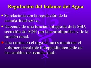 Regulación del balance del Agua Se relaciona con la regulación de la osmolaridad serica. Depende de una función integrada de la SED,  secreción de ADH por la neurohipofisis y de la función renal. Una norma en el organismo es mantener el volumen circulante independientemente de los cambios de osmolaridad. 