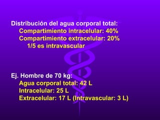 Distribución del agua corporal total: Compartimiento intracelular: 40% Compartimiento extracelular: 20% 1/5 es intravascular Ej. Hombre de 70 kg:  Agua corporal total: 42 L Intracelular: 25 L Extracelular: 17 L (Intravascular: 3 L) 