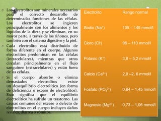 O Los electrolitos son minerales necesarios

para
el
correcto
desarrollo
de
determinadas funciones de las células.
Los
electrolitos
se
ingieren
principalmente con los alimentos y los
líquidos de la dieta y se eliminan, en su
mayor parte, a través de los riñones, pero
también con el sistema digestivo y la piel.
O Cada electrolito está distribuido de
forma diferente en el cuerpo. Algunos
electrolitos predominan en las células
(intracelulares), mientras que otros
circulan principalmente en el flujo
sanguíneo (extracelulares) y están fuera
de las células.
O Si el cuerpo absorbe o elimina
demasiados
electrolitos
existe
un desequilibrio electrolítico (en forma
de deficiencia o exceso de electrolitos).
Esto significa que el equilibrio
electrolítico ha sufrido un trastorno. Las
causas comunes del exceso o defecto de
electrolitos en el cuerpo incluyen daños
renales, diarrea o vómitos.

Electrolito

Rango normal

Sodio (Na+)

135 – 145 mmol/l

Cloro (Cl-)

96 – 110 mmol/l

Potasio (K+)

3,8 – 5,2 mmol/l

Calcio (Ca2+)

2,0 –2, 6 mmol/l

Fosfato (PO43-)

0,84 – 1,45 mmol/l

Magnesio (Mg2+)

0,73 – 1,06 mmol/l

 