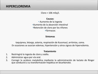 HIPERCLOREMIA 
Cloro > 106 mEq/L 
Causas: 
• Aumento de la ingesta 
•Aumento de la absorción intestinal 
•Retención de cloro por los riñones 
•Fármacos 
Síntomas 
taquipnea, letargo, astenia, respiración de Kussmaul, arritmias, coma. 
En ocasiones se asocian edemas, hipertensión y otros signos de hipervolemia. 
Tratamiento 
1. Restringirá la ingesta de cloro y sodio. 
2. Administrar agua por vía oral. 
3. Corregir la acidosis metabólica mediante la administración de lactato de Ringer 
que conducirá a su transformación hepática en bicarbonato. 
 