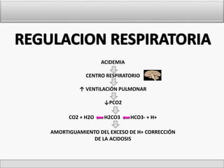 ACIDEMIA 
CENTRO RESPIRATORIO 
↑ VENTILACIÓN PULMONAR 
↓PCO2 
CO2 + H2O H2CO3 HCO3- + H+ 
AMORTIGUAMIENTO DEL EXCESO DE H+ CORRECCIÓN 
DE LA ACIDOSIS 
 