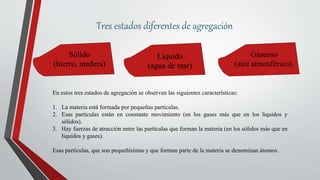 En estos tres estados de agregación se observan las siguientes características:
1. La materia está formada por pequeñas partículas.
2. Esas partículas están en constante movimiento (en los gases más que en los líquidos y
sólidos).
3. Hay fuerzas de atracción entre las partículas que forman la materia (en los sólidos más que en
líquidos y gases).
Esas partículas, que son pequeñísimas y que forman parte de la materia se denominan átomos.
Tres estados diferentes de agregación
Sólido
(hierro, madera)
Líquido
(agua de mar)
Gaseoso
(aire atmosférico).
 