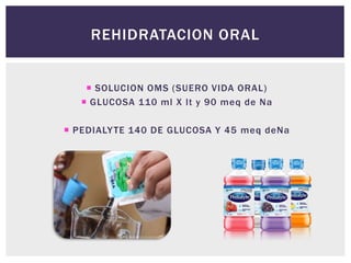 REHIDRATACION ORAL
 SOLUCION OMS (SUERO VIDA ORAL)
 GLUCOSA 110 ml X lt y 90 meq de Na
 PEDIALYTE 140 DE GLUCOSA Y 45 meq deNa
 