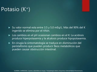 Potasio (K+)
 Su valor normal esta entre 3.5 y 5.0 mEq/L. Más del 90% del K
ingerido se elimina por el riñón.
 Los cambios en el pH ocasionan cambios en el K: La acidosis
produce hiperpotasemia y la alcalosis produce hipopotasemia.
 En cirugía la sintomatología se traduce en disminución del
peristaltismo que pueden producir Íleos metabólicos que
pueden causar obstrucción intestinal.
GUZMAN, CARRIZOSA. Líquidos y electrolitos en Cirugía; Fisiopatología celular y bioquímica. Editorial Medica Panamericana.
 