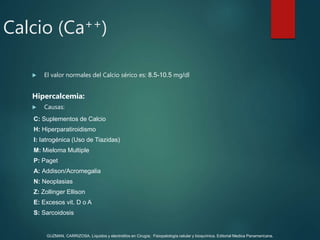 Calcio (Ca++)
 El valor normales del Calcio sérico es: 8.5-10.5 mg/dl
Hipercalcemia:
 Causas:
C: Suplementos de Calcio
H: Hiperparatiroidismo
I: Iatrogénica (Uso de Tiazidas)
M: Mieloma Multiple
P: Paget
A: Addison/Acromegalia
N: Neoplasias
Z: Zollinger Ellison
E: Excesos vit. D o A
S: Sarcoidosis
GUZMAN, CARRIZOSA. Líquidos y electrolitos en Cirugía; Fisiopatología celular y bioquímica. Editorial Medica Panamericana.
 
