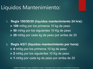 1. Regla 100/50/20 (líquidos mantenimiento 24 hrs):
 100 ml/kg por los primeros 10 kg de peso
 50 ml/kg por los siguientes 10 Kg de peso
 20 ml/kg por cada kg de peso por arriba de 20
2. Regla 4/2/1 (líquidos mantenimiento por hora):
 4 ml/kg por los primeros 10 kg de peso
 2 ml/kg por los siguientes 10 Kg de peso
 1 ml/kg por cada kg de peso por arriba de 20
Líquidos Mantenimiento:
GUZMAN, CARRIZOSA. Líquidos y electrolitos en Cirugía; Fisiopatología celular y bioquímica. Editorial Medica Panamericana.
 