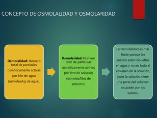 CONCEPTO DE OSMOLALIDAD Y OSMOLARIDAD
Osmolalidad: Número
total de partículas
osmóticamente activas
por kilo de agua
(osmoles/kg de agua).
Osmolaridad: Número
total de partículas
osmóticamente activas
por litro de solución
(osmoles/litro de
solución).
La Osmolalidad es más
fiable porque los
solutos están disueltos
en agua y no en todo el
volumen de la solución,
pues la solución tiene
una parte del volumen
ocupado por los
solutos.
 