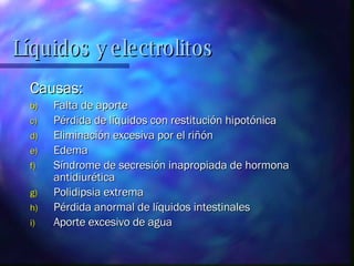 Causas: Falta de aporte Pérdida de líquidos con restitución hipotónica Eliminación excesiva por el riñón Edema Síndrome de secresión inapropiada de hormona antidiurética Polidipsia extrema Pérdida anormal de líquidos intestinales Aporte excesivo de agua Líquidos y electrolitos 