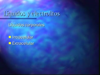 Líquidos corporales Intracelular Extracelular Líquidos y electrolitos 