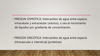 • PRESION OSMOTICA: Intercambio de agua entre espacio
intracelular y extracelular (solutos), o sea el movimiento
de líquidos por gradiente de concentración.
• PRESION ONCOTICA: Intercambio de agua entre espacio
intravascular e intersticial (proteínas)
 