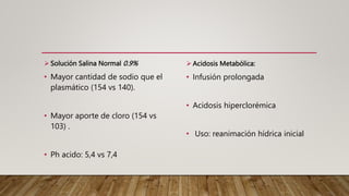  Solución Salina Normal 0.9%
• Mayor cantidad de sodio que el
plasmático (154 vs 140).
• Mayor aporte de cloro (154 vs
103) .
• Ph acido: 5,4 vs 7,4
 Acidosis Metabólica:
• Infusión prolongada
• Acidosis hiperclorémica
• Uso: reanimación hídrica inicial
 