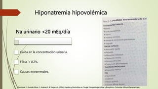 Hiponatremia hipovolémica
Na urinario <20 mEq/día
Caída en la concentración urinaria.
FENa < 0,2%.
Causas extrarrenales.
C...