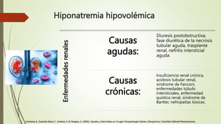 Hiponatremia hipovolémica
Enfermedades
renales
Causas
agudas:
Diuresis postobstructiva,
fase diurética de la necrosis
tubu...