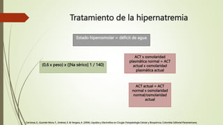 Tratamiento de la hipernatremia
(0,6 x peso) x ([Na sérico] 1 / 140)
ACT x osmolaridad
plasmática normal = ACT
actual x os...