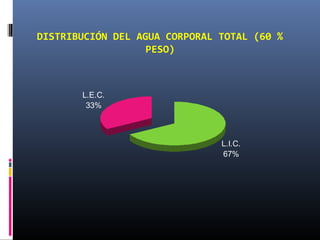 DISTRIBUCIÓN DEL AGUA CORPORAL TOTAL (60 %
PESO)
L.I.C.
67%
L.E.C.
33%
 